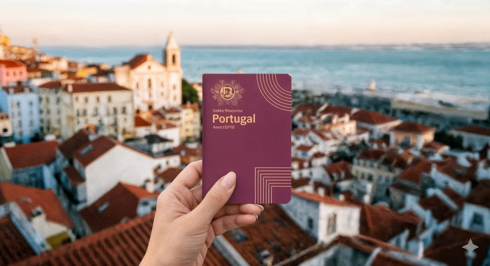 Passaporte português sendo segurado com Lisboa ao fundo
